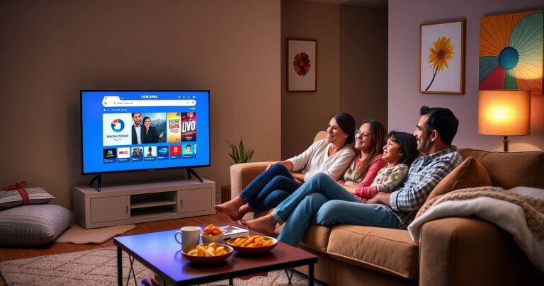 A cozy living room with a sleek Samsung Smart TV displaying a vibrant web browser interface. A family lounges on a plush sofa, engaged and smiling, with a warm glow from the TV illuminating their faces. Soft blankets, a coffee table with snacks, and colorful wall art complete the inviting, tech-savvy atmosphere.