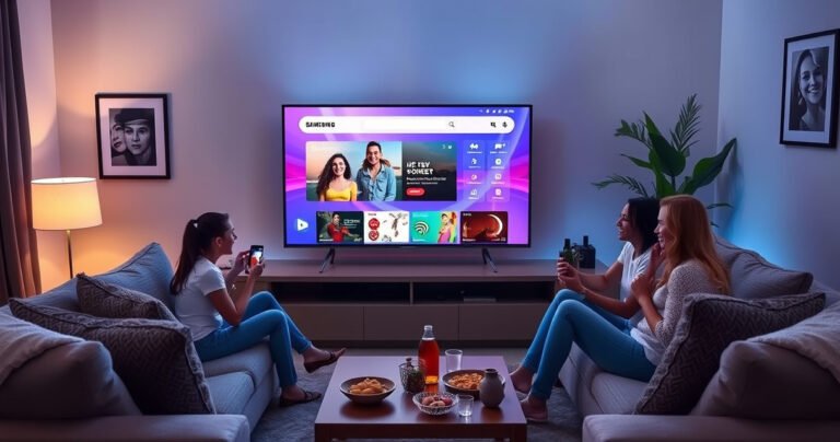 A cozy living room featuring a sleek Samsung Smart TV displaying a vibrant web browser interface, surrounded by plush furniture and a warm glow of ambient lighting. A family gathers, joyfully interacting with the TV, with snacks and drinks nearby, showcasing a blend of technology and comfort in a modern home setting.