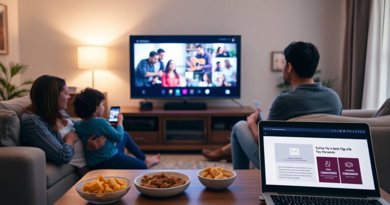 A cozy living room scene with a family gathered around a modern smart TV, displaying vibrant images from a smartphone. Soft lighting illuminates the room, highlighting a coffee table with snacks and a laptop open to a step-by-step guide. The atmosphere is warm and inviting, showcasing technology seamlessly blending with family moments.