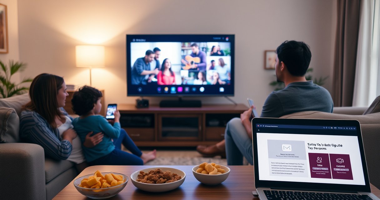 A cozy living room scene with a family gathered around a modern smart TV, displaying vibrant images from a smartphone. Soft lighting illuminates the room, highlighting a coffee table with snacks and a laptop open to a step-by-step guide. The atmosphere is warm and inviting, showcasing technology seamlessly blending with family moments.
