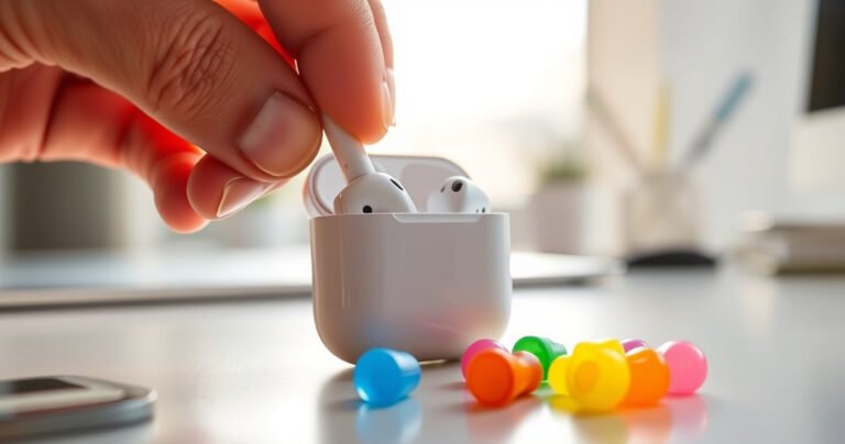A close-up of a hand delicately removing a silicone earbud from an AirPods Pro, with a soft-focus background of a bright, modern workspace. The earbuds gleam in the light, showcasing their sleek design, while a colorful array of replacement tips lies scattered nearby, hinting at customization and comfort.