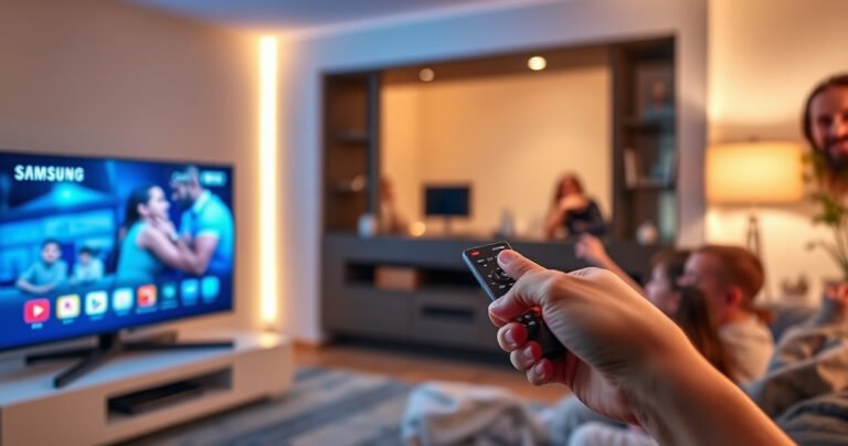 A sleek Samsung Smart TV glowing in a modern living room, with a remote control in hand displaying vibrant icons for various inputs. Soft ambient lighting highlights comfortable furniture and a cozy atmosphere, while a family member eagerly points at the screen, illustrating the seamless connectivity and user-friendly interface.