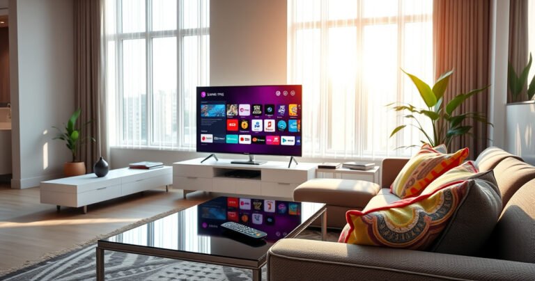 An elegant living room with a sleek Samsung Smart TV displaying a vibrant menu screen, a remote control resting on a stylish coffee table, sunlight streaming through large windows, colorful cushions scattered on a modern sofa, and a potted plant in the corner, creating a cozy yet tech-savvy atmosphere perfect for a blog article.
