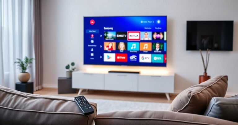 A sleek Samsung Smart TV displayed in a modern living room, its vibrant screen showing a colorful menu interface. A user-friendly remote rests nearby, illuminated by soft ambient lighting, while a cozy couch and stylish decor create an inviting atmosphere, hinting at a seamless transition between inputs.
