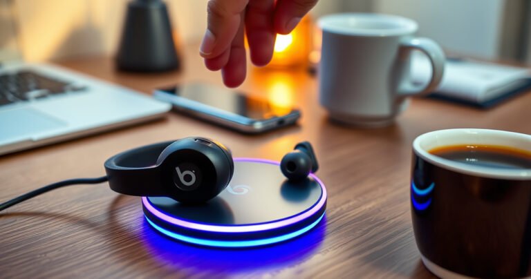 A close-up of sleek Beats earbuds resting on a vibrant charging pad, surrounded by a soft glow of warm light. The background features a cozy workspace with subtle hints of tech gadgets, while a hand gently reaches for the earbuds, emphasizing simplicity and ease. A fresh cup of coffee sits nearby, completing the inviting scene.
