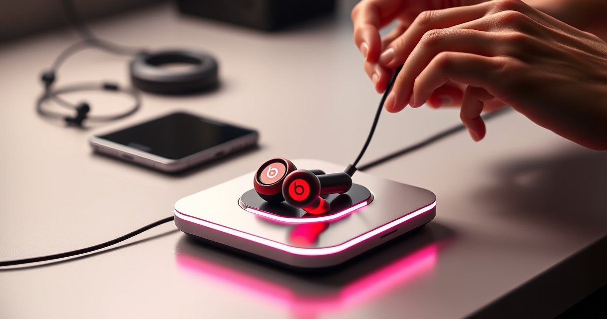 A sleek, modern charging station with vibrant Beats wireless earbuds resting on it, surrounded by soft, ambient lighting. The earbuds gleam in shades of red and black, while a pair of hands gently connects the charging cable. In the background, subtle hints of tech accessories create a stylish, inviting atmosphere focused on innovation and convenience.