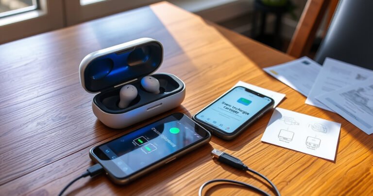 A sleek, modern charging case sits on a wooden table, earbuds nestled inside, glowing softly with charging lights. A smartphone rests nearby, displaying a tutorial on charging, while scattered tools like a USB cable and illustrated instruction sheets hint at the step-by-step process, all bathed in warm, inviting sunlight filtering through a window.