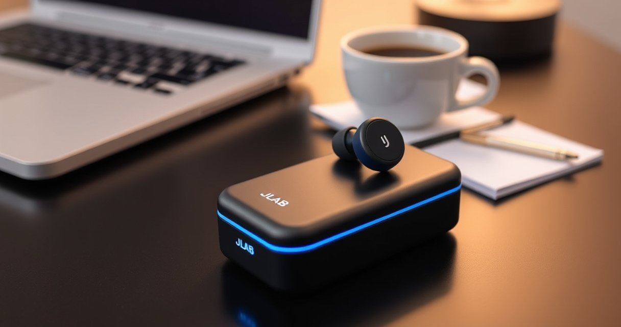 A close-up of JLab wireless earbuds resting on a stylish charging case, glowing softly with a blue LED light. The backdrop features a modern desk setting with a laptop, a notepad, and an inviting cup of coffee, creating a warm, tech-savvy atmosphere, emphasizing simplicity and ease of use in charging technology.