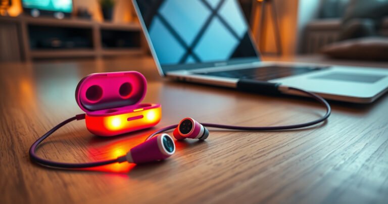 A close-up of vibrant Skullcandy earbuds resting on a sleek wooden surface, a glowing charging case nearby, surrounded by a warm, ambient light. An open laptop and a charging cable snake into the frame, showcasing a modern, tech-savvy workspace. Soft focus on background elements hints at a cozy home environment.