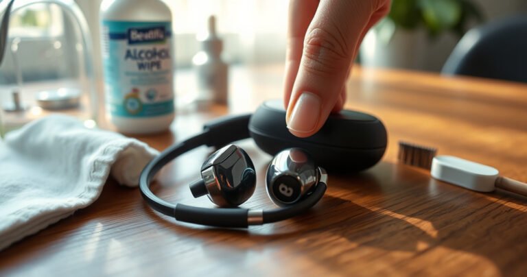 A close-up of shiny Beats earbuds resting on a wooden table, surrounded by cleaning supplies like a soft cloth, alcohol wipes, and a small brush. Soft morning light filters through a nearby window, casting gentle shadows, while a hand reaches in to demonstrate the cleaning process, emphasizing care and precision in maintaining the sleek design.