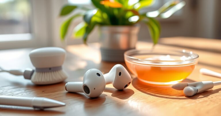 A close-up of shiny, clean earbuds resting on a wooden surface, surrounded by small cleaning tools like a soft brush and cotton swabs. In the background, a gentle sunlight filters through a window, casting soft shadows, while a tiny bowl of warm soapy water reflects the vibrant colors of a potted plant nearby.