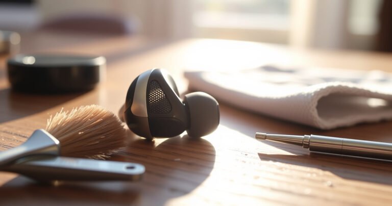 A close-up of a pair of sleek, modern earbuds resting on a wooden table, surrounded by tiny cleaning tools like a soft brush and a microfiber cloth. The earbuds’ mesh is slightly visible, revealing specks of dirt. Sunlight streams in, casting a warm glow, emphasizing the delicate process of maintaining clarity in sound.
