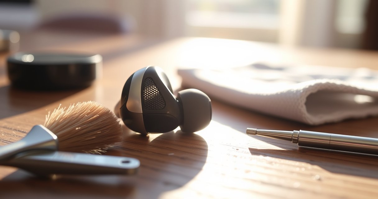 A close-up of a pair of sleek, modern earbuds resting on a wooden table, surrounded by tiny cleaning tools like a soft brush and a microfiber cloth. The earbuds’ mesh is slightly visible, revealing specks of dirt. Sunlight streams in, casting a warm glow, emphasizing the delicate process of maintaining clarity in sound.