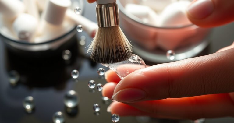 A close-up of pristine earphone tips glistening in soft light, surrounded by gentle bubbles and sparkling water droplets, highlighting the cleaning process. A pair of hands is delicately holding a soft brush, poised above the tips, with a hint of fresh cotton swabs and a small bowl of soapy water in the background, evoking a sense of care and precision.