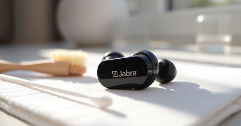 A close-up of sparkling clean Jabra earbuds resting on a soft, white cloth, surrounded by gentle cleaning tools like a small brush and cotton swabs. Sunlight reflects off the earbuds, highlighting their sleek design, while a blurred background features a calming, minimalist workspace, evoking a sense of order and freshness.