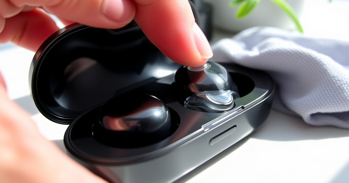 A close-up of a sleek, modern Samsung earbuds case being gently cleaned with a soft microfiber cloth, surrounded by natural light. The background features a clean, minimalist workspace with a hint of greenery, emphasizing cleanliness and care. Small bubbles and a gentle shine suggest freshness and thoroughness in the cleaning process.