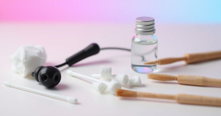 A close-up of a pair of sleek, modern earphones resting on a clean, white surface, surrounded by soft cotton swabs, a small bottle of isopropyl alcohol, and a tiny brush. In the background, a calming pastel color gradient adds a serene atmosphere, emphasizing cleanliness and care in earphone maintenance.