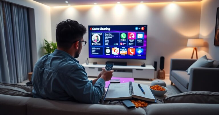 A sleek modern living room illuminated by soft ambient lighting, featuring a large smart TV displaying a vibrant cache clearing interface. In the foreground, a focused individual interacts with a remote, surrounded by scattered tech gadgets, empty snack bowls, and a notepad filled with notes, conveying a sense of problem-solving and tech readiness.
