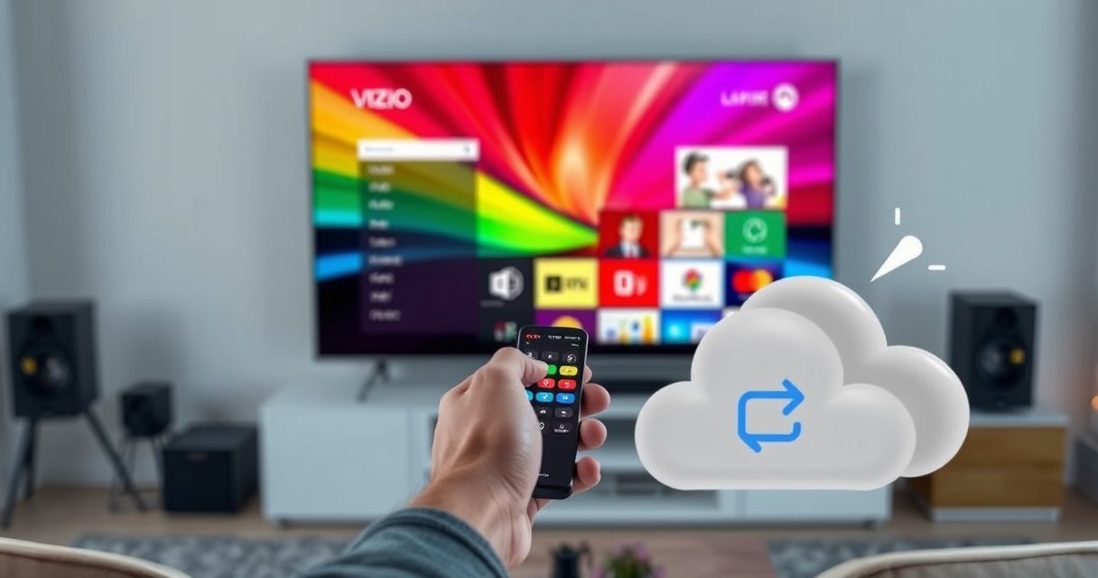 A sleek Vizio Smart TV displaying a vibrant, animated interface, with a hand holding a modern remote, fingers poised over colorful buttons. Surrounding elements include minimalistic electronics, a cozy living room setting with soft lighting, and a subtle cloud of digital data being cleared, symbolizing the cache removal process.