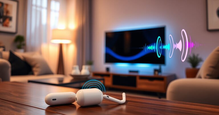 A sleek Samsung Smart TV glowing in a cozy living room, surrounded by soft, ambient lighting. Nearby, a pair of elegant white AirPods rests on a wooden table, with sound waves visualizing connection in vibrant colors. A warm, inviting atmosphere filled with modern decor and plush furniture, hinting at a seamless tech experience.