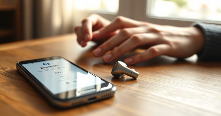 A close-up of sleek Airstream Elite earbuds resting atop a wooden table, surrounded by a smartphone displaying Bluetooth settings. Soft morning light filters through a nearby window, highlighting the metallic sheen of the earbuds. A pair of hands gently reach for the phone, exuding a sense of modern convenience and technology in a cozy environment.
