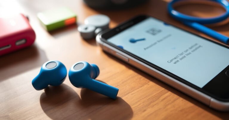 A close-up of vibrant Amazon Basics earbuds resting on a wooden table, surrounded by colorful tech gadgets. Soft light highlights the sleek design of the earbuds, while a smartphone displays a step-by-step connection guide. The scene is warm and inviting, suggesting ease and accessibility in navigating technology.