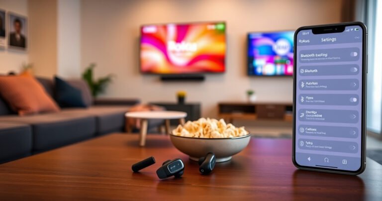 A modern living room with a sleek Roku TV on the wall, displaying vibrant colors. A pair of stylish Bluetooth earbuds rests on a coffee table, surrounded by a cozy couch and a bowl of popcorn. Warm lighting creates an inviting atmosphere, while a smartphone nearby showcases the Bluetooth settings screen, illustrating the connection process.