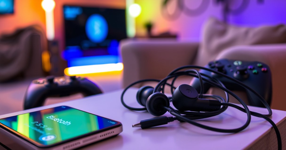 A close-up of sleek Bluetooth earbuds resting on a modern Xbox console, vibrant LED lights glowing in the background. The earbuds are entwined with tangled cables, a smartphone displaying a Bluetooth settings screen nearby. A cozy gaming setup features a plush chair and game controllers, all bathed in warm ambient lighting, inviting a sense of connectivity and fun.