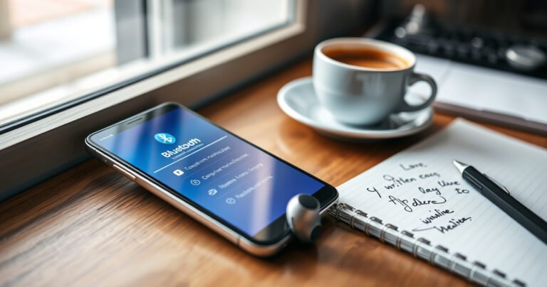 A close-up of a sleek smartphone displaying a vibrant Bluetooth connection menu, surrounded by modern wireless earphones resting on a stylish wooden desk. Soft morning light filters through a nearby window, illuminating a notepad with handwritten notes and a steaming coffee cup, conveying a sense of tech-savvy productivity and ease of connectivity.
