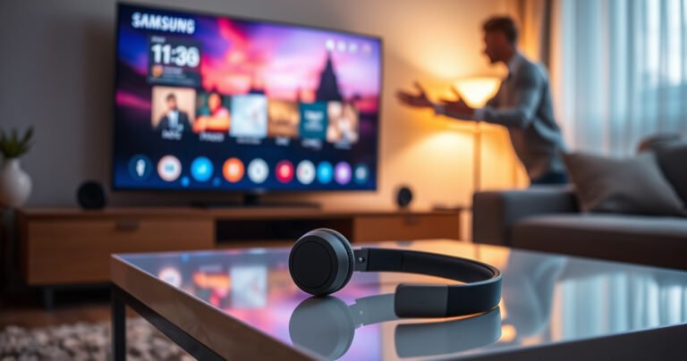 A cozy living room scene featuring a sleek Samsung Smart TV displaying vibrant visuals, with a pair of stylish Bluetooth headphones resting on a modern coffee table. Soft ambient lighting creates a warm atmosphere, while a person in the background gestures toward the TV, illustrating the process of connecting the headphones.