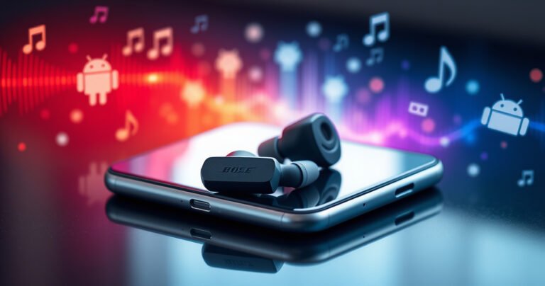 A sleek pair of Bose earbuds resting on a modern smartphone, their glossy surfaces reflecting soft ambient light. Surrounding them, vibrant sound waves pulse with energy, symbolizing connectivity in a digital world. Subtle hints of Android icons subtly integrated into the background, creating a dynamic fusion of technology and music.