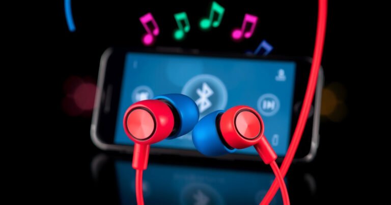 A close-up of two vibrant Skullcandy earbuds, one in bright blue and the other in electric red, intertwined with colorful sound waves emanating from them. In the background, a sleek smartphone displays a Bluetooth connection screen, surrounded by playful music notes, conveying an energetic and modern vibe.