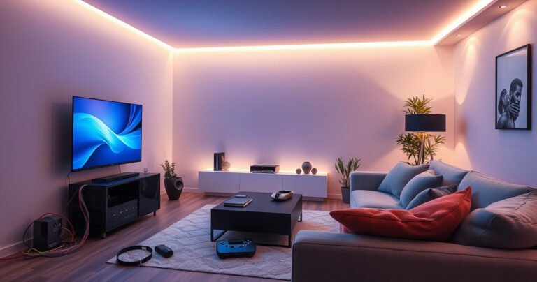 A sleek modern living room featuring a smart TV displaying a vibrant interface, with a stylish CPU connected by colorful cables. The room is illuminated by soft ambient lighting, with a cozy sofa and tech gadgets scattered around, creating an inviting atmosphere for tech enthusiasts and families alike, emphasizing connectivity and modern living.