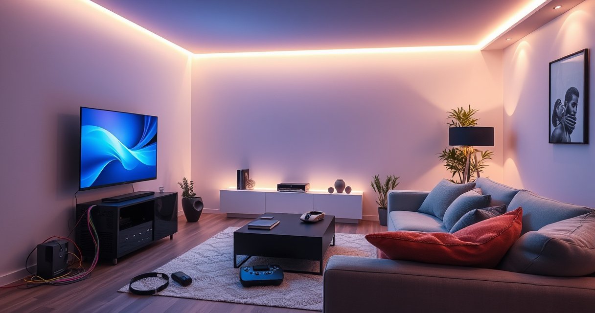 A sleek modern living room featuring a smart TV displaying a vibrant interface, with a stylish CPU connected by colorful cables. The room is illuminated by soft ambient lighting, with a cozy sofa and tech gadgets scattered around, creating an inviting atmosphere for tech enthusiasts and families alike, emphasizing connectivity and modern living.
