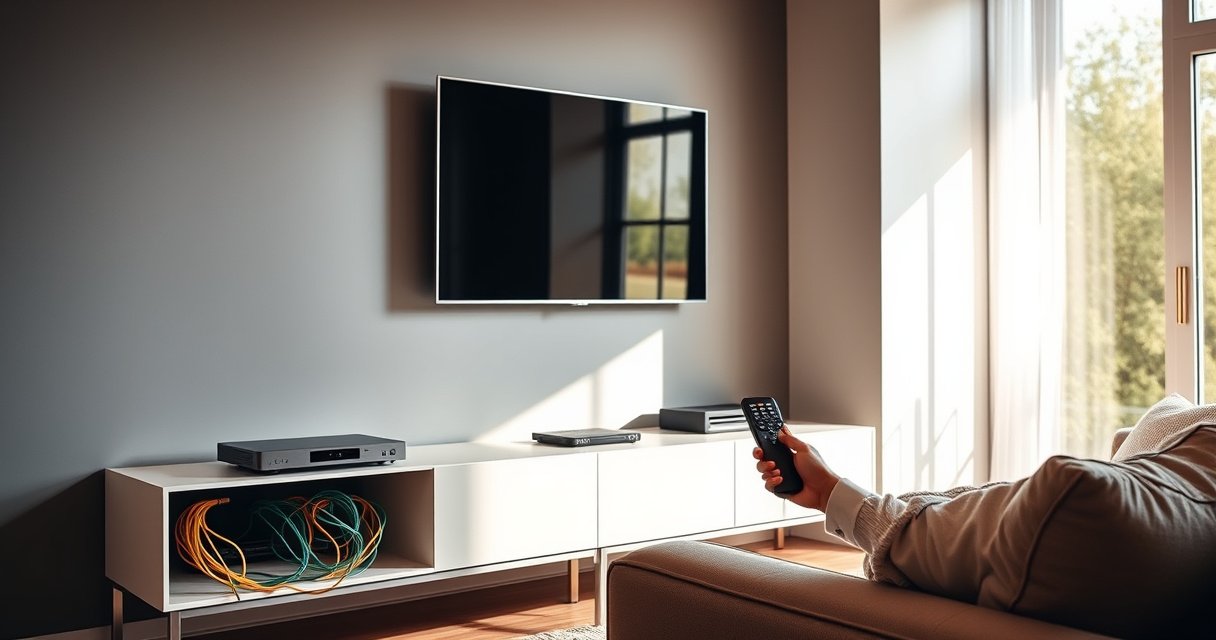 A sleek modern living room with a stylish smart TV mounted on the wall, a shiny cable box on a minimalist console, colorful cables neatly organized, a user-friendly remote in hand, and a cozy sofa with a warm atmosphere, sunlight streaming through the window, hinting at the ease of technology integration.