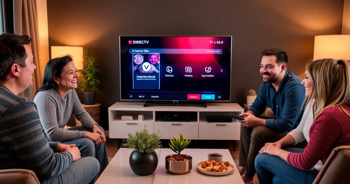 A cozy living room with a sleek smart TV displaying the DIRECTV interface, a user-friendly remote in hand, surrounded by a modern coffee table with snacks and a vibrant plant. Warm lighting casts a welcoming glow, while family members smile and engage in the setup process, embodying a sense of connection and technology.