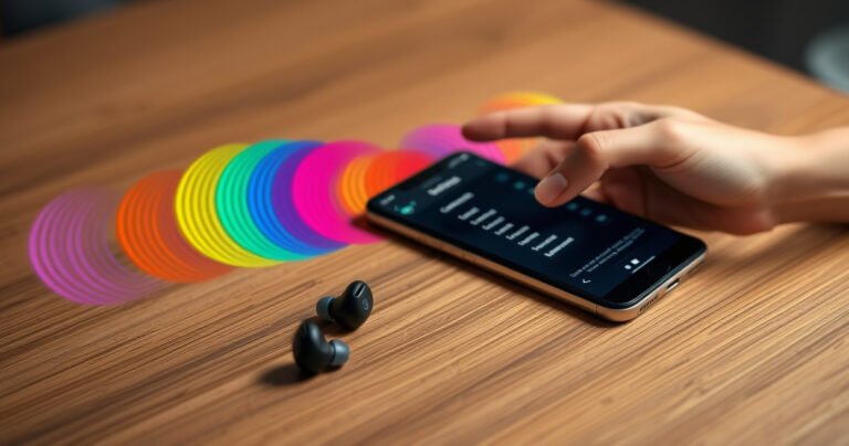 A sleek set of Dudios earbuds resting on a wooden table, surrounded by vibrant sound waves depicted in colorful swirls. An open smartphone displays a Bluetooth settings screen, with a hand reaching out to connect. Soft, ambient lighting creates a modern tech vibe, emphasizing ease of use and seamless connectivity.