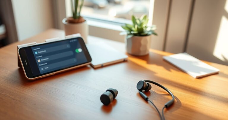 A serene workspace featuring a pair of sleek EarFun earbuds elegantly placed on a wooden desk alongside a smartphone displaying the Bluetooth settings. Soft natural light filters through a nearby window, illuminating a cozy atmosphere with a small potted plant and a notepad, inviting readers to easily connect their earbuds.