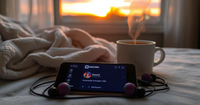 A smartphone displaying the Discord app interface, surrounded by colorful wireless earbuds and sound waves emanating from them. In the background, a cozy setup with a soft blanket, a steaming cup of coffee, and a vibrant sunset filtering through a window, creating an inviting atmosphere for mobile gaming and communication.