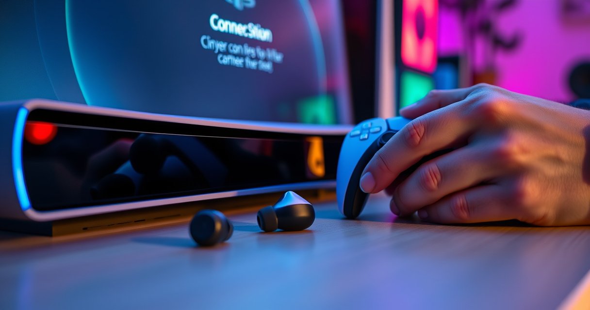 A close-up of sleek wireless earbuds nestled beside a glowing PlayStation 5 console, with a user’s hands connecting them. Soft ambient lighting enhances the modern gaming setup, showcasing a vibrant screen displaying connection steps, while colorful LED lights illuminate the room, creating an engaging atmosphere for tech enthusiasts.