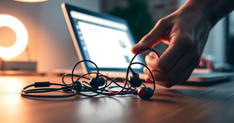 A close-up of sleek, modern earphones intertwined with colorful cables, resting on a stylish wooden desk next to a glowing laptop. Soft ambient light casts a warm glow, highlighting the intricate details of the earphones and the computer's screen, which displays a step-by-step guide. A pair of hands, poised to connect, adds a dynamic touch.