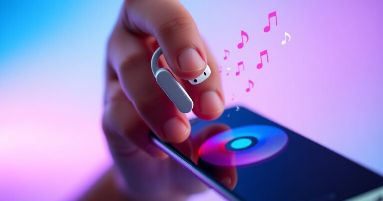A close-up of a hand deftly connecting sleek, modern wireless earphones to a vibrant smartphone, surrounded by colorful sound waves radiating outwards. The background features a soft gradient of blues and purples, evoking a sense of technology and connectivity, while small icons of music notes and signals float playfully around the scene.