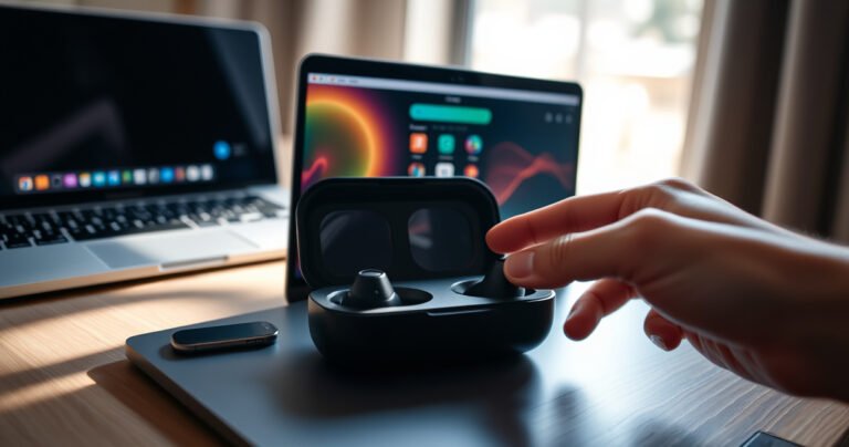 An inviting workspace featuring a sleek Fisher Bluetooth earbuds case open beside a modern laptop, colorful app icons glowing on the screen. Soft natural light filters through a nearby window, casting gentle shadows, while a hand reaches for the earbuds, symbolizing seamless connectivity and modern technology in a cozy setting.