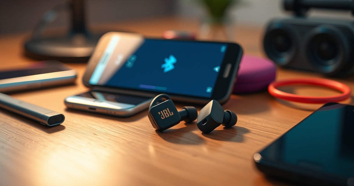A close-up of stylish JBL earbuds resting on a wooden table, surrounded by vibrant tech gadgets, with a smartphone displaying a Bluetooth pairing screen. Soft, warm lighting highlights the earbuds, while a subtle bokeh effect blurs the background, creating an inviting atmosphere that emphasizes connectivity and modern technology.