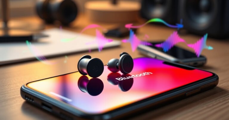 A close-up of sleek JLab earbuds resting on a vibrant, modern smartphone displaying a Bluetooth connection screen. Surrounding them, colorful sound waves ripple in the air, symbolizing seamless connectivity. The background is softly blurred, featuring a cozy workspace with hints of tech accessories, inviting readers into the world of effortless audio experiences.