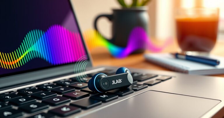 A close-up of vibrant, sleek JLab earbuds resting on a wooden laptop keyboard, surrounded by colorful sound waves emanating from the earbuds, with a soft glow highlighting the connection process. The background features a cozy workspace with a stylish coffee cup and a notepad, symbolizing productivity and tech integration.