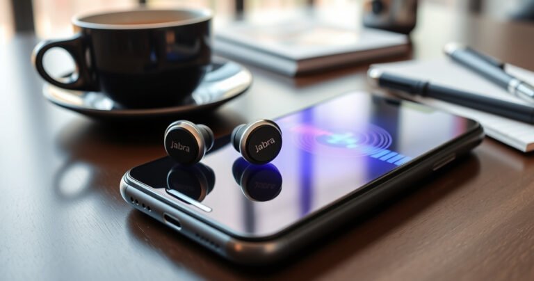 A close-up of sleek Jabra earbuds resting on a modern smartphone, with vibrant sound waves visually emanating from the phone's screen. The background features a stylish, minimalist workspace, complete with a cup of coffee and a notepad, evoking a sense of effortless connectivity and modern technology. Bright natural light filters in, creating an inviting atmosphere.