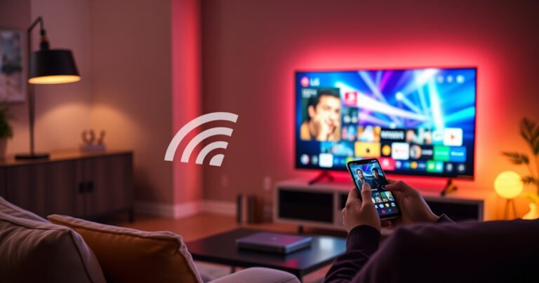 A sleek LG Smart TV glowing in a modern living room, showcasing vibrant streaming content on the screen. WiFi signals radiating visually from a router nearby, with a user effortlessly connecting on a smartphone. Cozy décor, soft lighting, and a hint of excitement in the air, embodying the essence of digital connectivity.