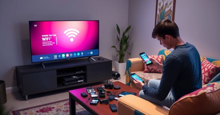 A cozy living room with a sleek LG Smart TV, a colorful couch, and a coffee table cluttered with tech gadgets. The TV screen displays a vibrant WiFi connection interface, while a person is using their smartphone to troubleshoot. Soft ambient lighting highlights a welcoming atmosphere, blending modern technology with home comfort.