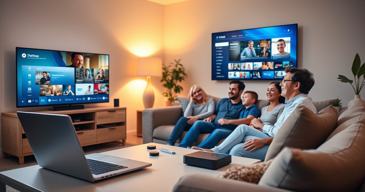 A cozy living room featuring a sleek laptop connected wirelessly to a large smart TV, displaying a vibrant streaming interface. Soft ambient lighting casts a warm glow, while a comfortable sofa and coffee table with tech gadgets create an inviting atmosphere. A family enjoys seamless entertainment, with joy evident on their faces, highlighting connectivity and convenience.
